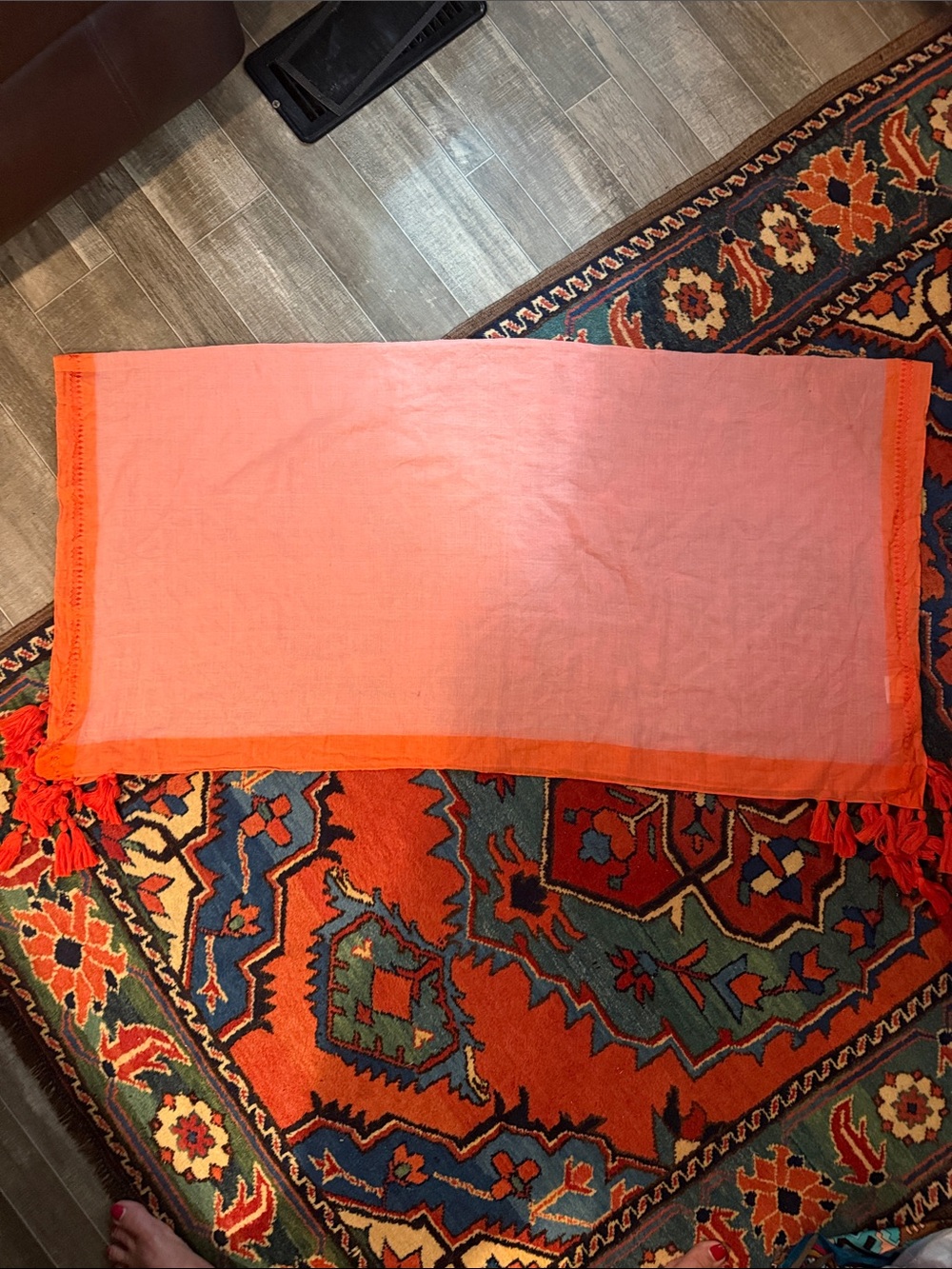 Eileen Fisher Handloomed Cotton Viscose Tassel Scarf Coral Orange Boho